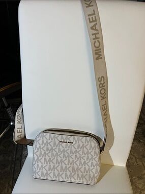 Michael Kors White/Beige MK Logo Crossbody with Branded Strap